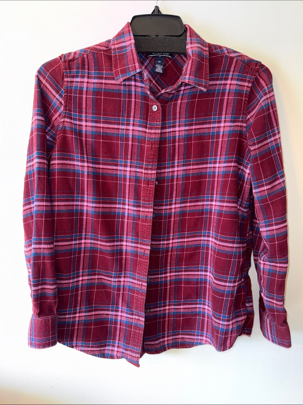 Lands' End Burgundy Plaid 100% cotton Button-Down long sleeve Shirt
